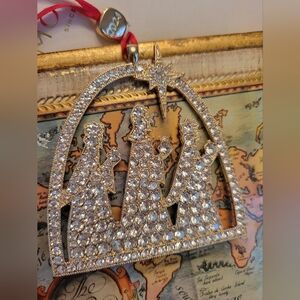 Monet 2024 Gold-Tone Jeweled Nativity Ornament Clear Rhinestones Red Ribbon NWT
